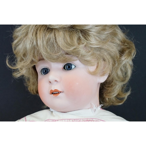 374 - Early 20th C Heubach bisque headed doll with sleeping eyes, mouth open showing teeth, painted facial... 