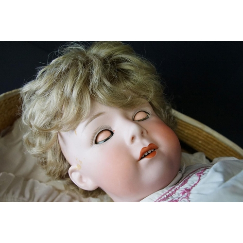 374 - Early 20th C Heubach bisque headed doll with sleeping eyes, mouth open showing teeth, painted facial... 