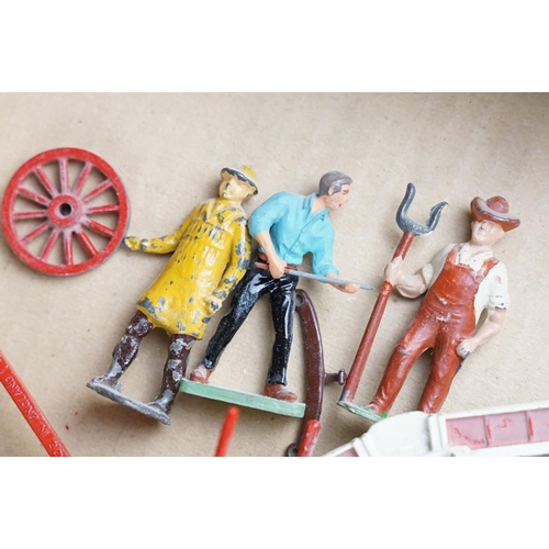 323 - Collection of painted metal horses, carts & farming machinery, mostly mid 20th C Britains examples t... 