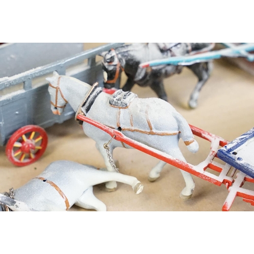 323 - Collection of painted metal horses, carts & farming machinery, mostly mid 20th C Britains examples t... 