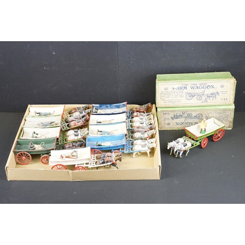 336 - Collection of ten mid 20th C painted metal Britains horses with carts / farm wagons, each with Brita... 