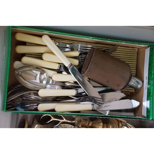 367 - A selection of mid 20th century lamp shades together with a quantity brassware and cutlery.