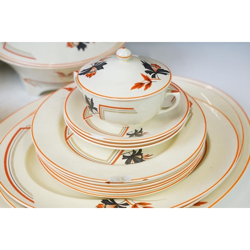 44 - Crown Ducal Art Deco dinner service with leaf decoration & orange borders, reg no. 780960, featuring... 