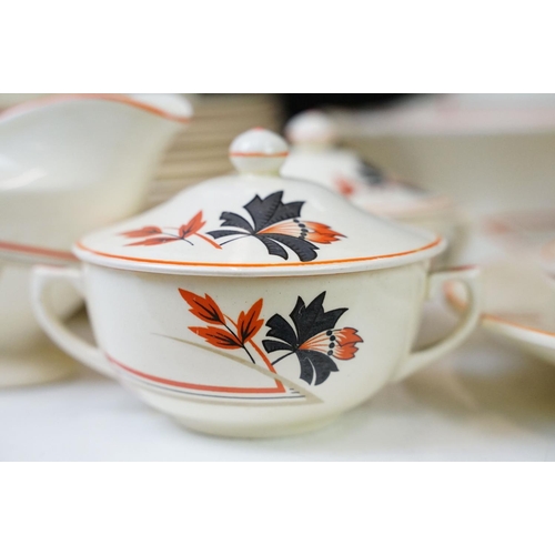 44 - Crown Ducal Art Deco dinner service with leaf decoration & orange borders, reg no. 780960, featuring... 