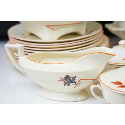 44 - Crown Ducal Art Deco dinner service with leaf decoration & orange borders, reg no. 780960, featuring... 