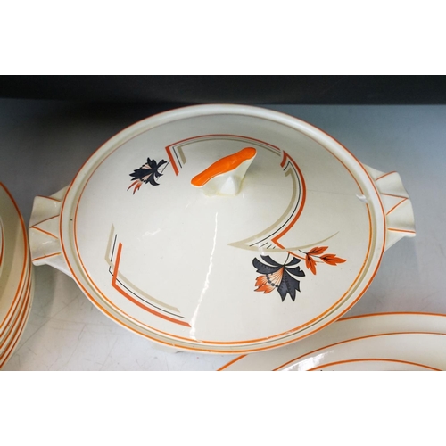 44 - Crown Ducal Art Deco dinner service with leaf decoration & orange borders, reg no. 780960, featuring... 