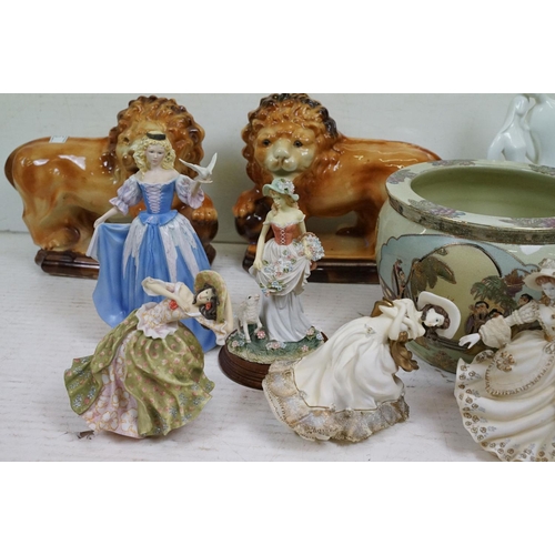 45 - Mixed ceramics to include a pair of Staffordshire lions (approx 27.5cm high), lady figurines (featur... 