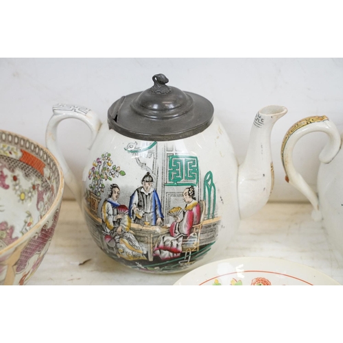 87 - Collection of 19th century Chinese style ceramics to include Masons Ironstone dishes, novelty frog t... 