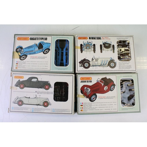 194 - Five boxed 1/32 plastic model car kits to include 4 x Matchbox (PK307 M/Benz SSKL, PK310 Citroen 11 ... 