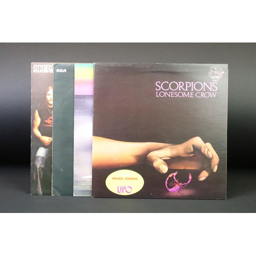 257 - Vinyl - 4 Scorpions albums to include: Lonesome Crow (Canadian red vinyl), Fly To The Rainbow (Germa... 