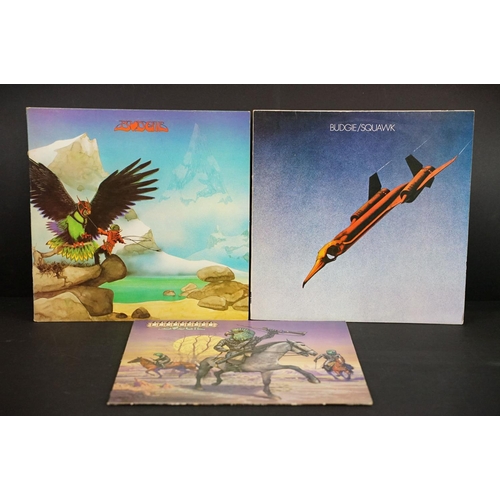 186 - Vinyl - 3 Budgie UK pressing albums to include: Squawk (MCF 2502), Never Turn Your Back On A Friend ... 