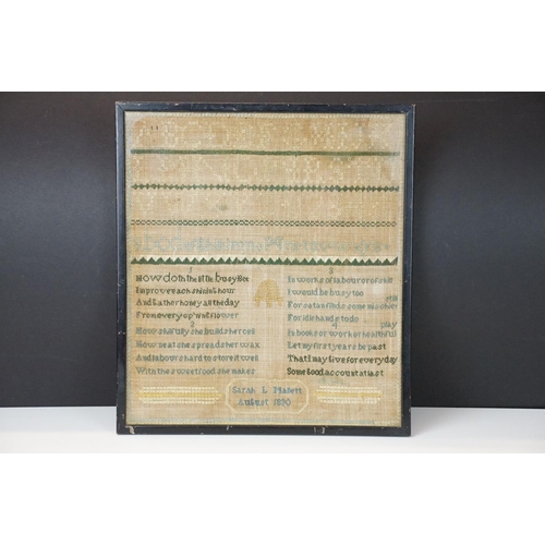 112 - Early 19th century sampler, with alphabet and poetic verses, named & date 'Sarah L Mallett - August ... 