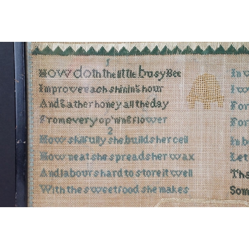 112 - Early 19th century sampler, with alphabet and poetic verses, named & date 'Sarah L Mallett - August ... 