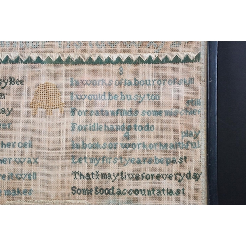 112 - Early 19th century sampler, with alphabet and poetic verses, named & date 'Sarah L Mallett - August ... 