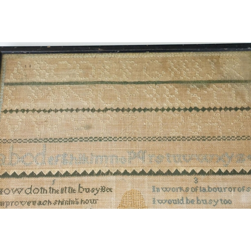 112 - Early 19th century sampler, with alphabet and poetic verses, named & date 'Sarah L Mallett - August ... 