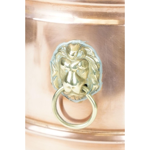 122 - Copper Circular Planter / Jardiniere with brass lion mask ring handles, 16cm high