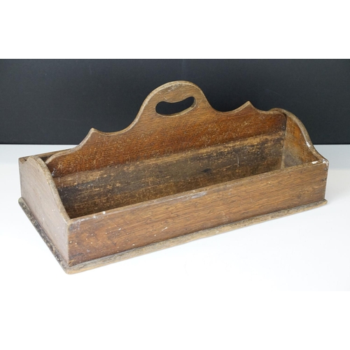 123 - Antique Oak Two Section Cutlery Tray with shaped handle, 44cm long