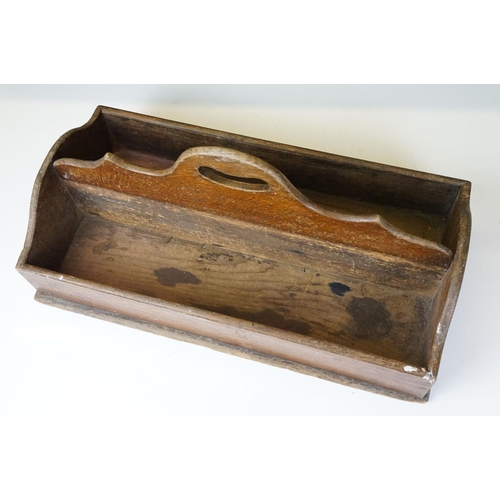 123 - Antique Oak Two Section Cutlery Tray with shaped handle, 44cm long