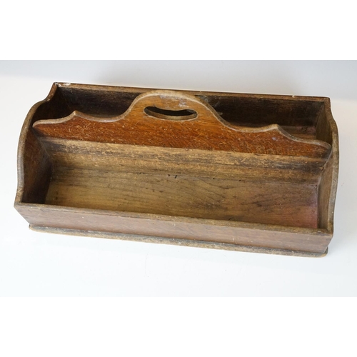 123 - Antique Oak Two Section Cutlery Tray with shaped handle, 44cm long