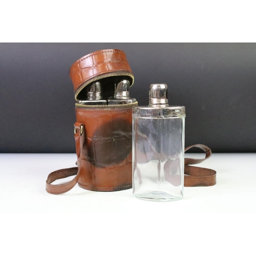 133 - Mulberry Crocodile Effect Brown Leather Spirit Flask Set, the three glass bottles with white metal s... 