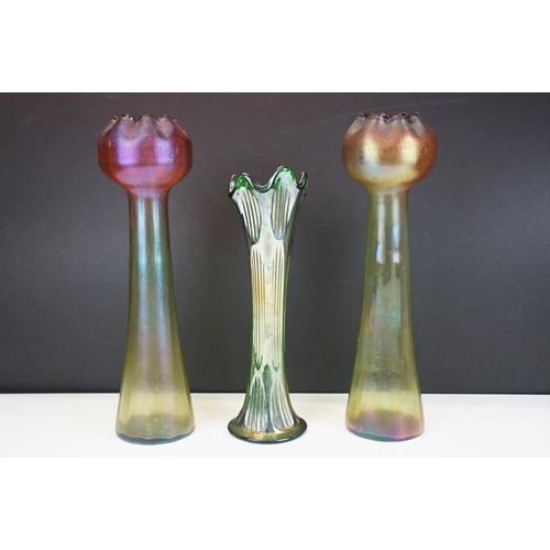 15 - Pair of Art Nouveau iridescent glass vases, in the manner of Loetz, with crimped bulbous tops raised... 