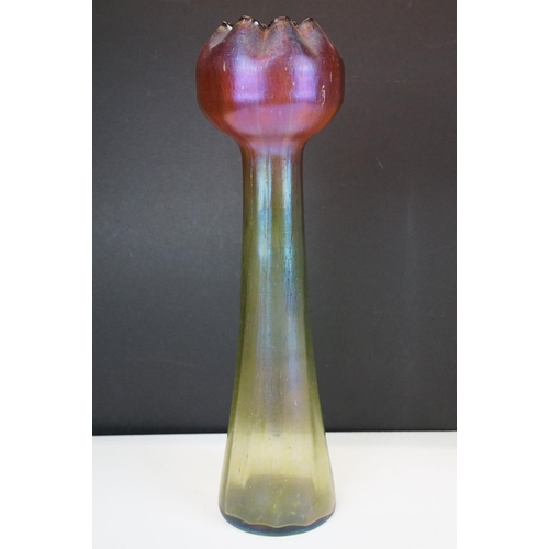 15 - Pair of Art Nouveau iridescent glass vases, in the manner of Loetz, with crimped bulbous tops raised... 