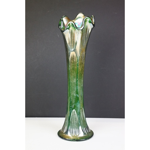 15 - Pair of Art Nouveau iridescent glass vases, in the manner of Loetz, with crimped bulbous tops raised... 