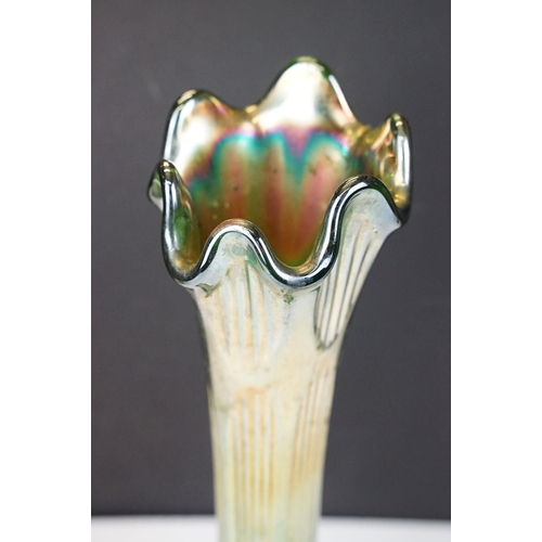 15 - Pair of Art Nouveau iridescent glass vases, in the manner of Loetz, with crimped bulbous tops raised... 