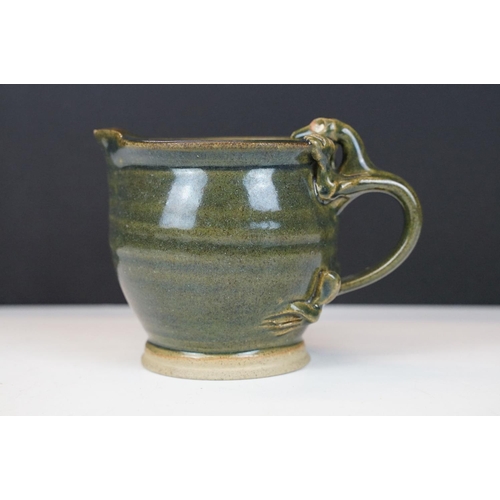 16 - Deverill Pottery green glazed tea set for two, with handles modelled as lizards, to include teapot, ... 