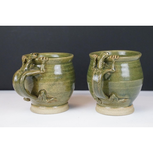 16 - Deverill Pottery green glazed tea set for two, with handles modelled as lizards, to include teapot, ... 