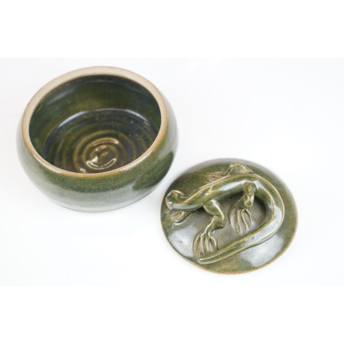 16 - Deverill Pottery green glazed tea set for two, with handles modelled as lizards, to include teapot, ... 