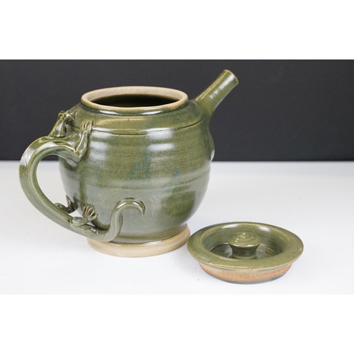 16 - Deverill Pottery green glazed tea set for two, with handles modelled as lizards, to include teapot, ... 