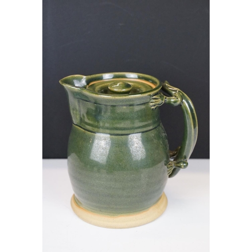 16 - Deverill Pottery green glazed tea set for two, with handles modelled as lizards, to include teapot, ... 