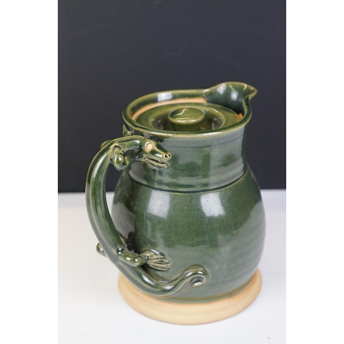 16 - Deverill Pottery green glazed tea set for two, with handles modelled as lizards, to include teapot, ... 