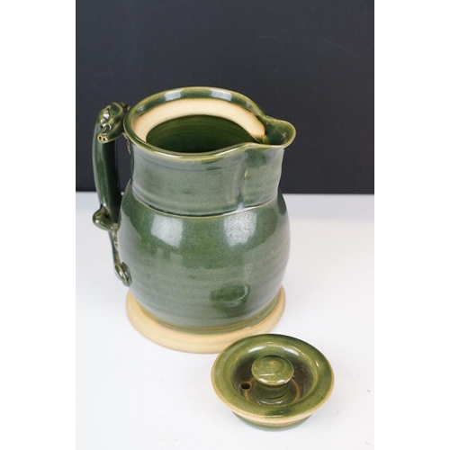 16 - Deverill Pottery green glazed tea set for two, with handles modelled as lizards, to include teapot, ... 