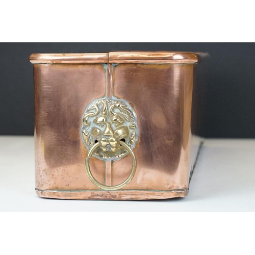 162 - Copper Rectangular Planter with rolled rim and brass lion mask ring handles, 40cm long