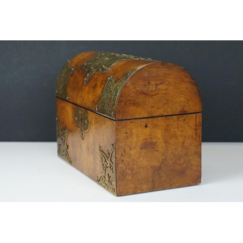 164 - 19th Century Victorian walnut dome topped letter box having brass fret work mounts and blue satin li... 