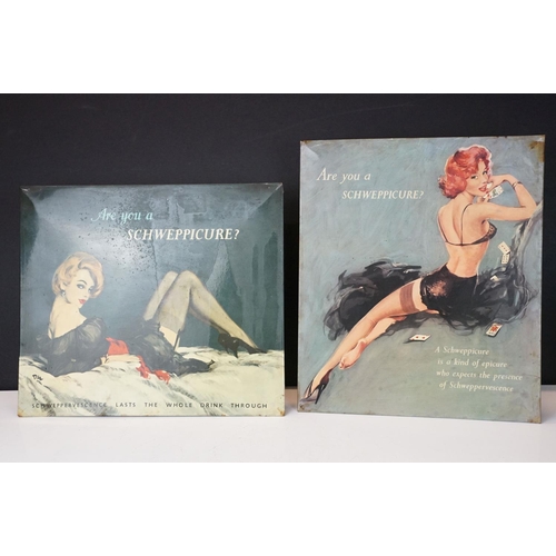 176 - Pair of vintage Schweppes advertising table top signs. Both featuring pin up girls with the tag line... 