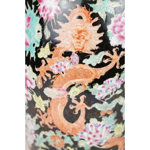 38 - Large Chinese Famille Noire baluster vase, with dragon & floral decoration, seal mark to base, appro... 