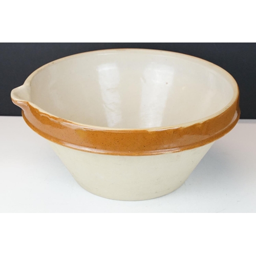 39 - Large French Dairy Bowl with glazed rim and interior plus pouring lip, 38cm diameter