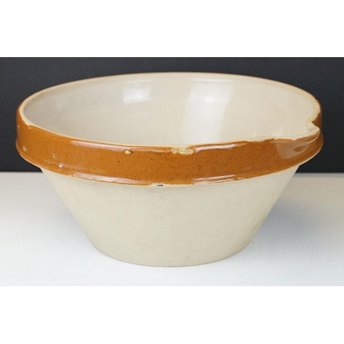 39 - Large French Dairy Bowl with glazed rim and interior plus pouring lip, 38cm diameter