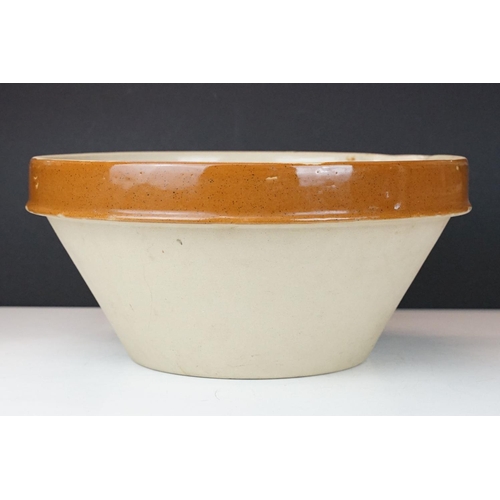 39 - Large French Dairy Bowl with glazed rim and interior plus pouring lip, 38cm diameter