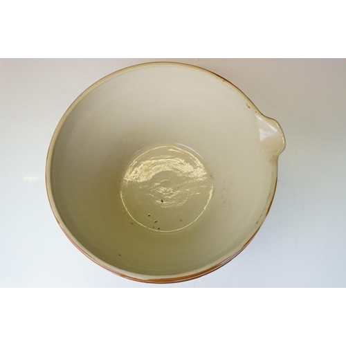 39 - Large French Dairy Bowl with glazed rim and interior plus pouring lip, 38cm diameter