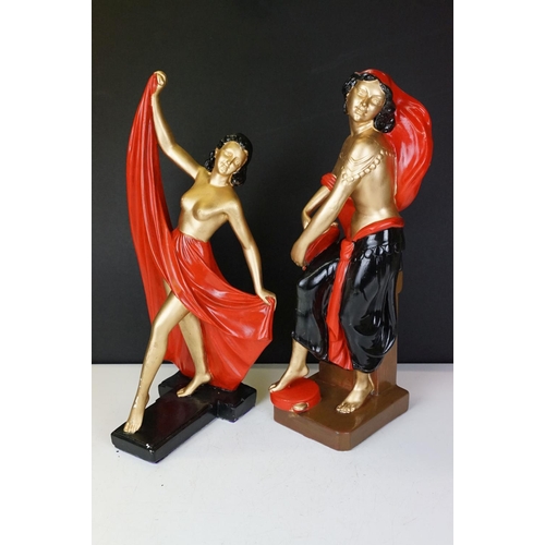 40 - Two plaster / composition gilt painted figures of semi-clothed Art Deco dancing ladies, tallest appr... 