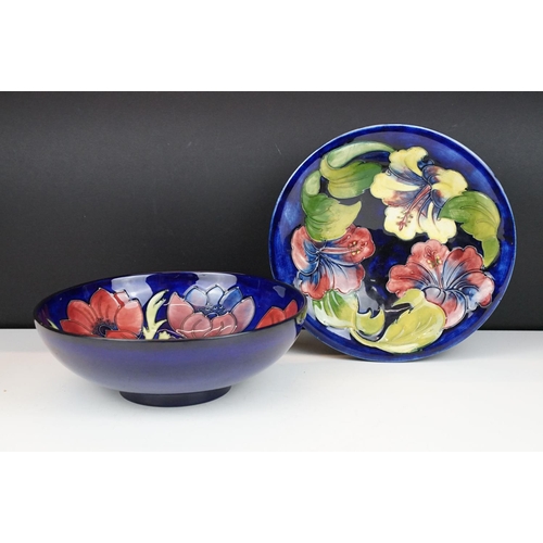 5 - Moorcroft Pottery 'Coral Hibiscus' pattern blue ground bowl (approx 25cm diameter), together with a ... 