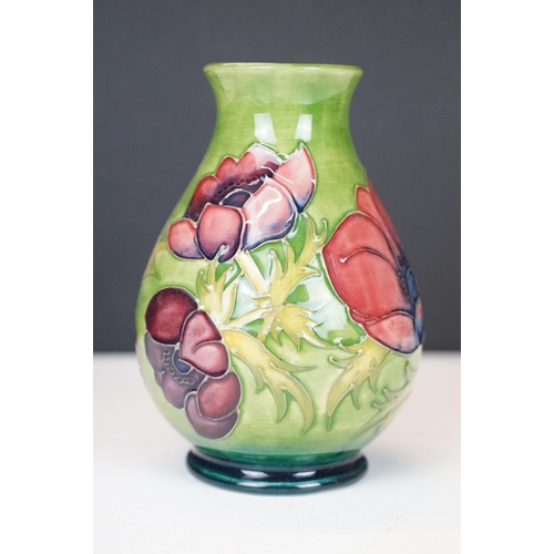 56 - Moorcroft Pottery 'Anemone' pattern green ground baluster vase, impressed marks to base, date code f... 