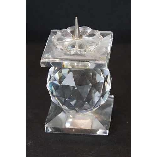 58 - Swarovski crystal three-light candelabrum (18.5cm wide), together with a matching candle holder, and... 