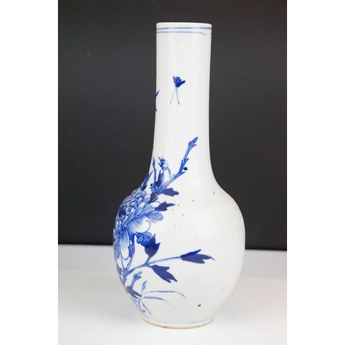 7 - Chinese blue & white bottle vase with floral & ornithological decoration, two blue concentric circle... 