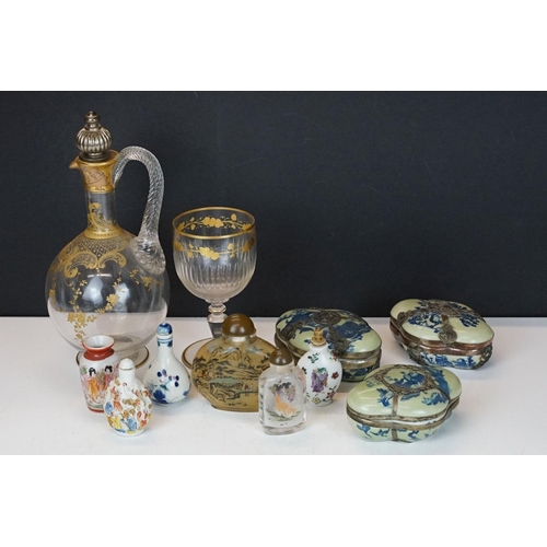 70 - Group of Oriental glass & ceramics to include a set of three Chinese ceramic boxes with white metal ... 