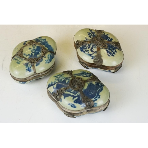 70 - Group of Oriental glass & ceramics to include a set of three Chinese ceramic boxes with white metal ... 